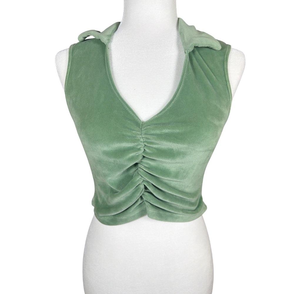 Liberty Love Sage Green Velour Ruched Crop Top Sleeveless Collared Size Small